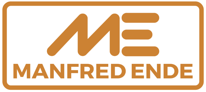 Logo von Manfred Ende – Baustoffhandel und Transporte in Orange mit stilisiertem ME-Signet.