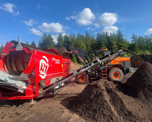 Mobile Trommelsiebmaschine Siebo 5000 mit Radlader bei der Aufbereitung von Mutterboden auf einer Baustelle. Trommelsiebmaschine zur Vermietung